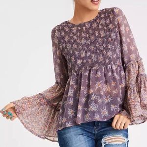 American Eagle purple floral smocked top